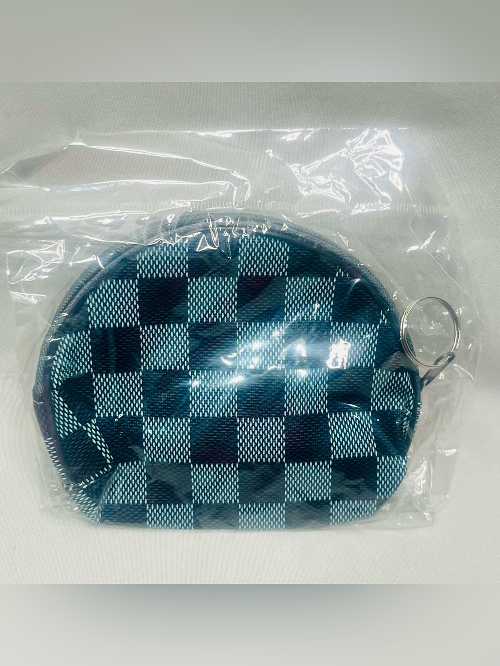Blue Checkered Coin Purse with Key Ring